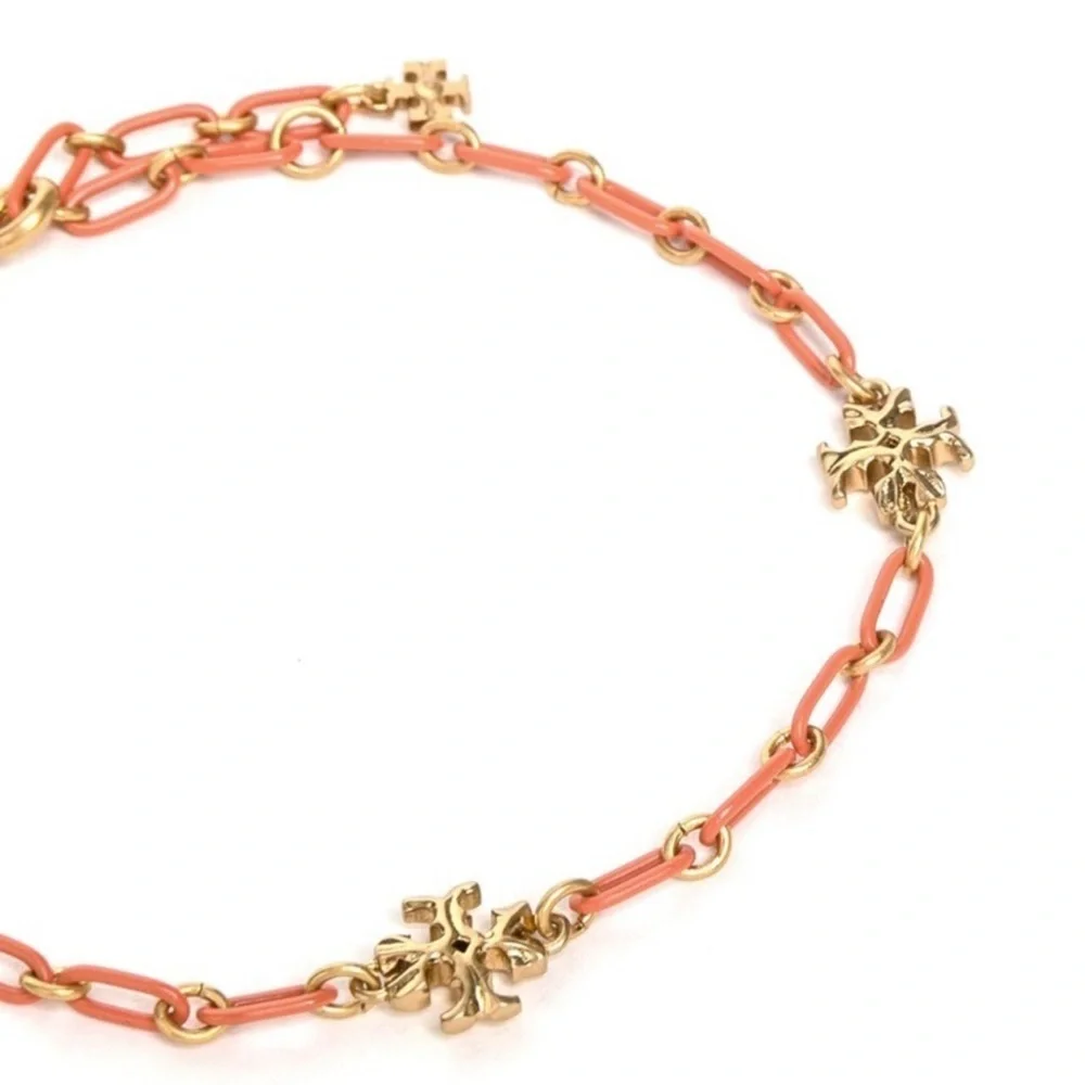 🆕 NWT Tory Burch Roxanne 18K-Gold-Plated & Coral Acrylic Logo Chain Necklace